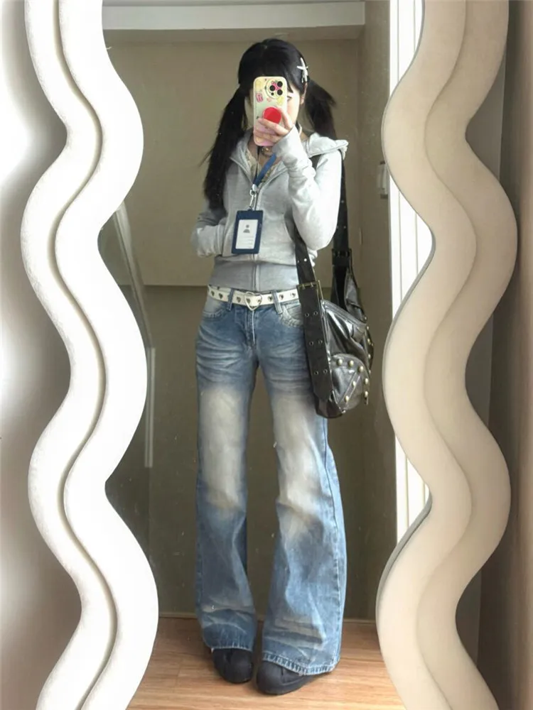

Retro American Blue Jeans Women's Loose Wide Leg Jeans Spring Autumn Low Waist Pants Worn Look Distressed Floor Length