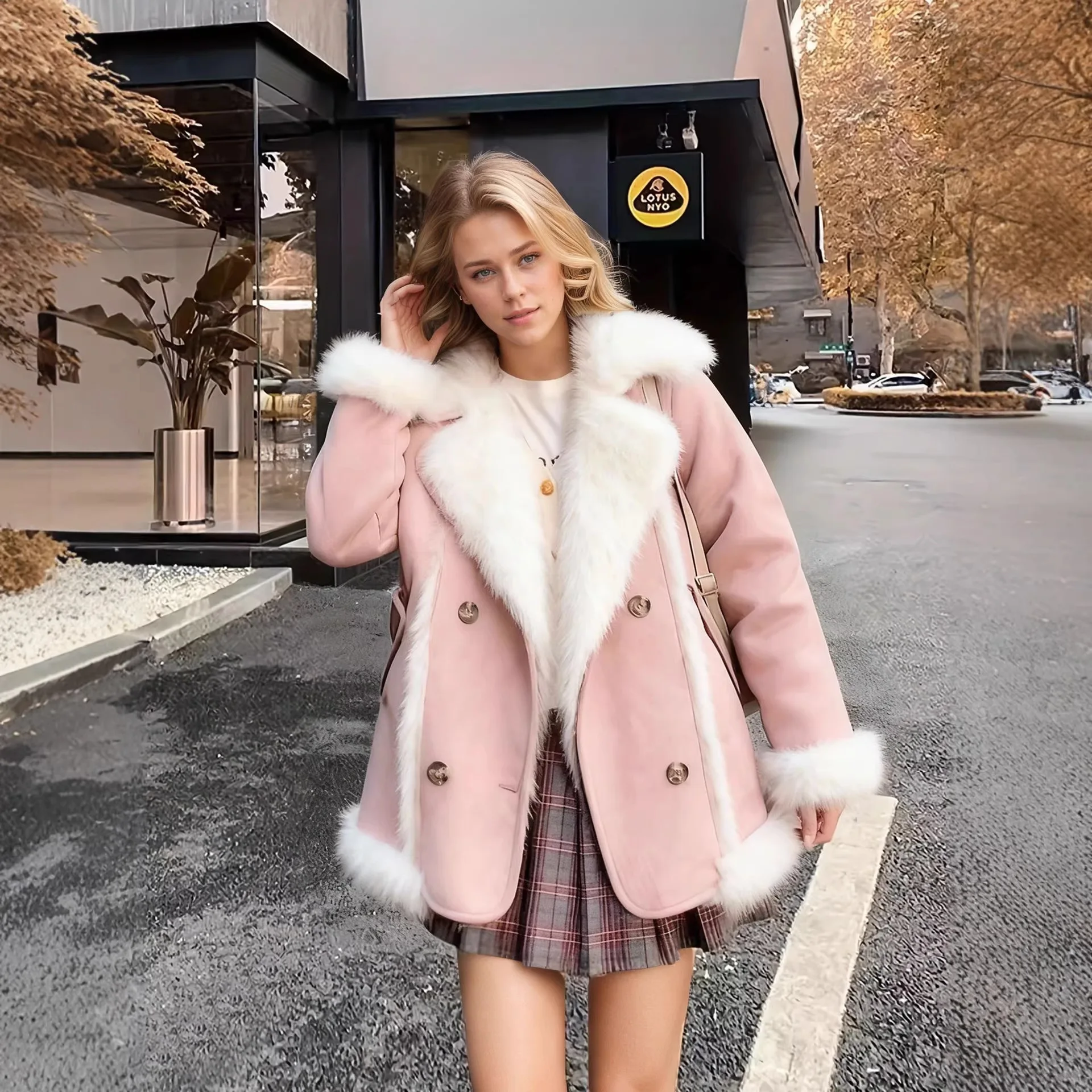Temperament woolen splicing imitation fur coat women's loose and thin medium and long double-breasted warm coat