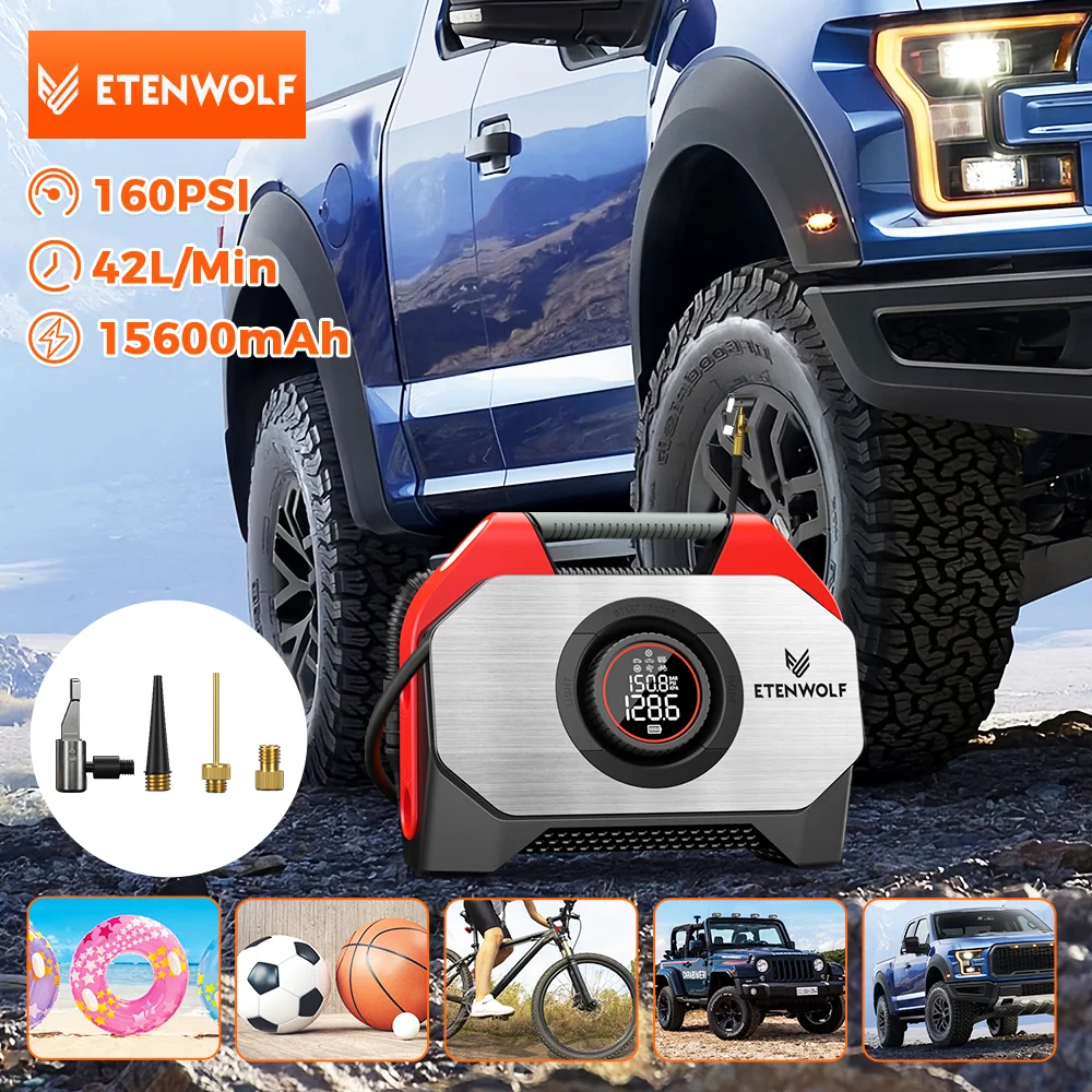 ETENWOLF S6SE Portable Tire Inflator 15600 mAh Car Compressor 42L/Min Fsat Inflation 100% Duty Cycle Air Pump For Pickups Cars