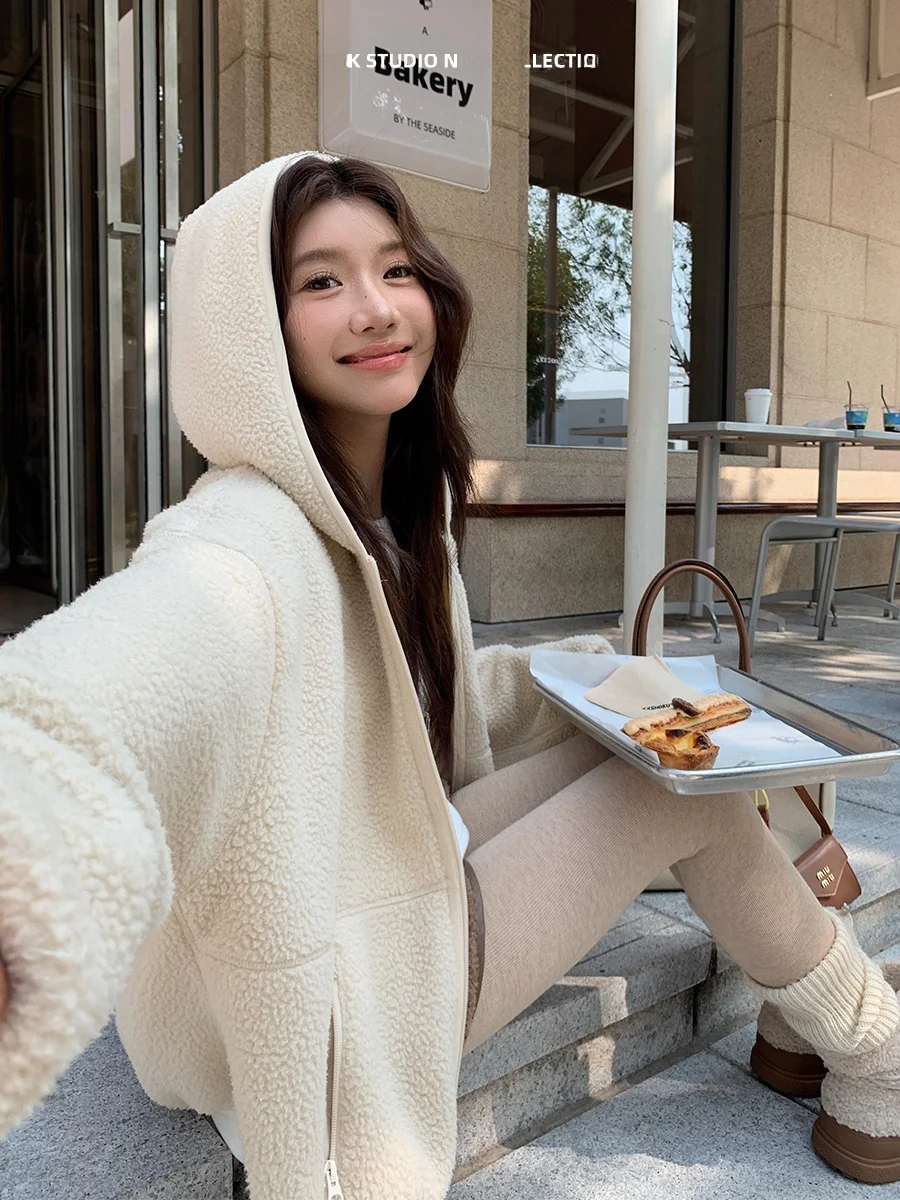 

MUKOK Women's Oversized Hoodie Jaet Lamb Velvet Soft Cozy Long Sve Zipper Closure Color Commute Sle Winter Coat