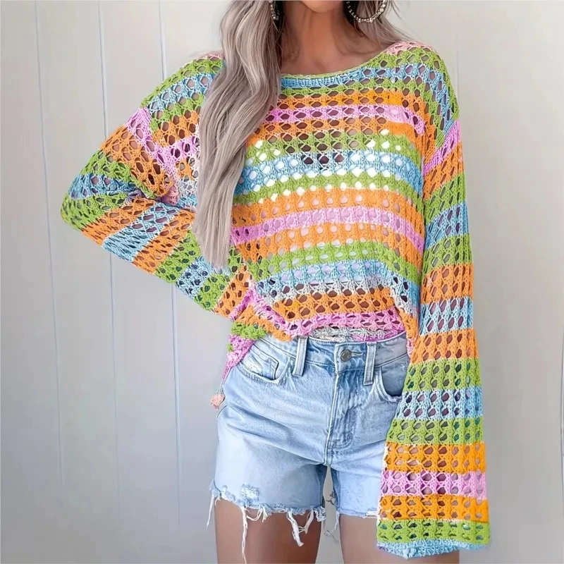 2026 Long-sleeved Loose Hollow Color-blocked Sweater Summer Women New Spliced ​​round Neck Striped Camping Holiday Beach Sweater