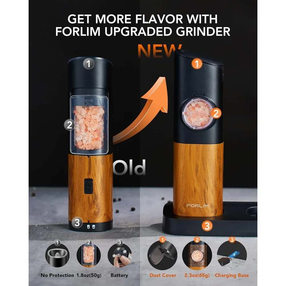 مجموعة مطحنة الملح والفلفل الكهربائية، سعة كبيرة مطورة، خشونة قابلة للتعديل مع ضوء LED (حبوب الخشب الطبيعي)