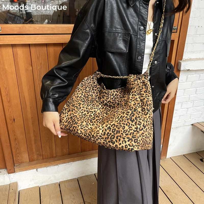 Leopard Prints Big Shoulder Bags For Women 2024 Luxury Designer Handbags Canvas Chain Crossbody Bag Large Capacity Shopper Totes