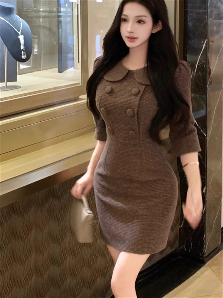 Atemberaubendes, elegantes, neues Herbst-Mini-Partykleid mit halben Ärmeln für Damen, süßes französisches Puppenkragen, figurbetontes, enges, kurzes Kleid mit Boden