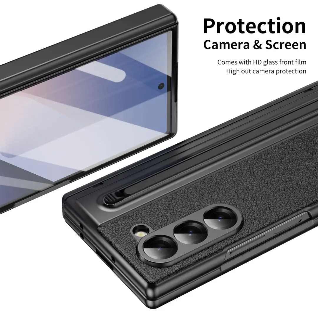 S Pen Handyhülle für Galaxy Z Fold7, Scharnierschutz und integrierter Displayschutz, Leder-Handyhülle für Fold6, Fold 5/4/3, Schwarz – Detail 8