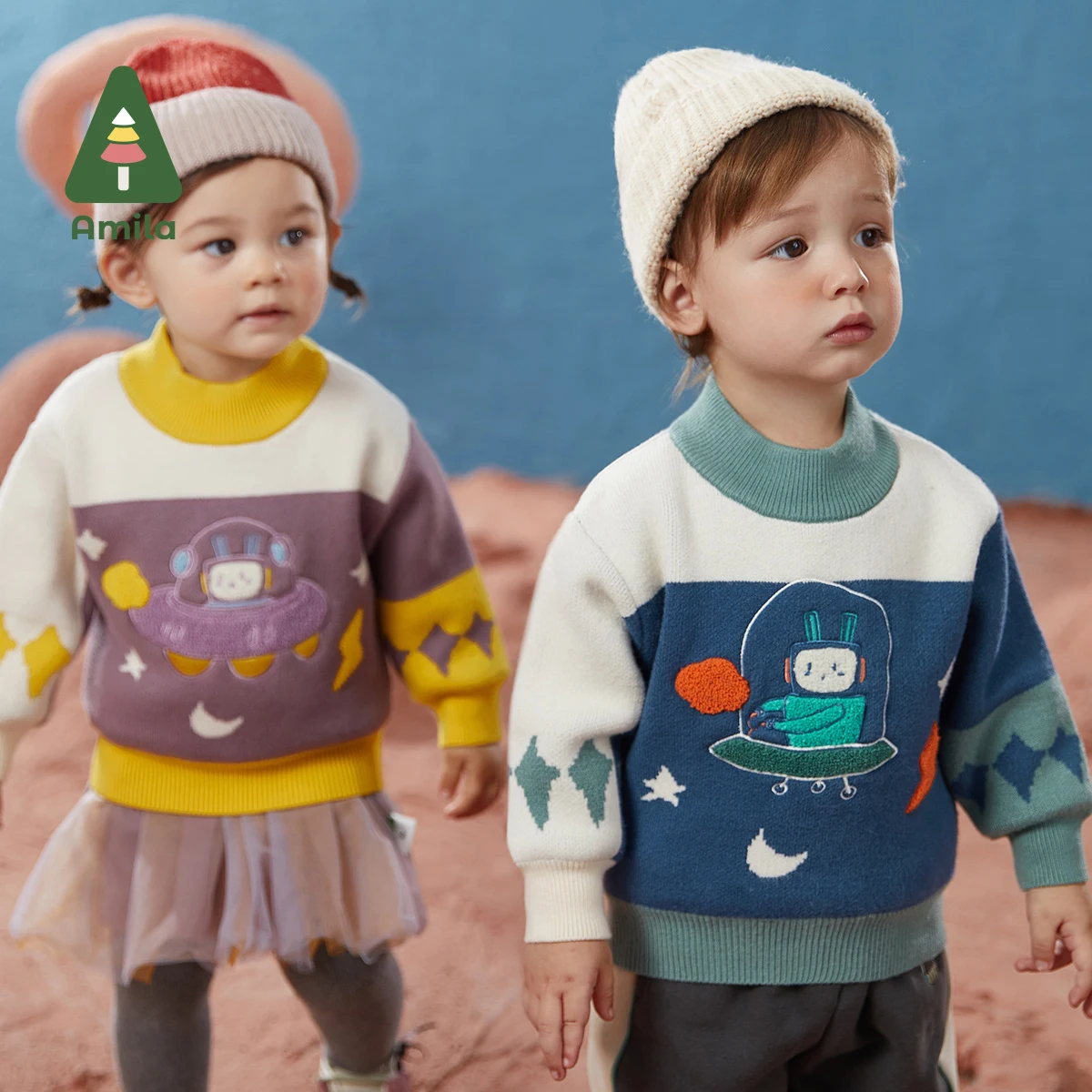 Amila Babieas Sweater 2024 Winter Baby Girls Children\'s Cartoon Embroidered Alien Pattern Tops Boys Casual Fashion Clothing