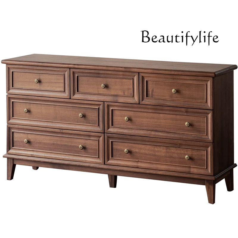 

American Style Chest of Drawers Solid Wood Retro Black Walnut Living Room Bedroom Storage Cabinet Dining Room Bucket Kitchen