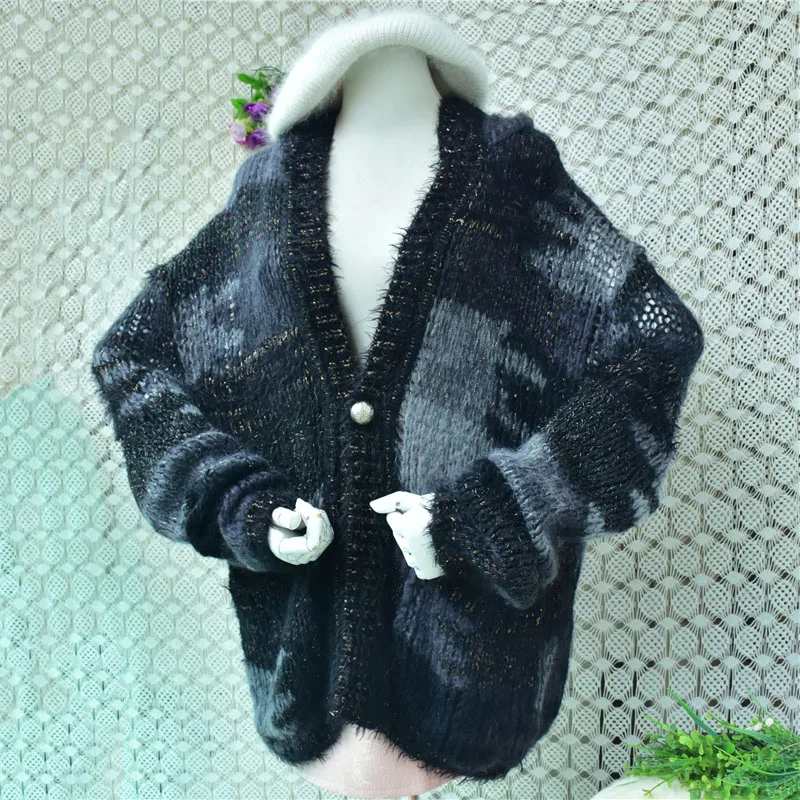 Damen Frühling Herbst Mode Schwarzer Bunter Mohair-Wollstrick V-Ausschnitt Langarm Lose Strickjacke Pullover Jacke Top