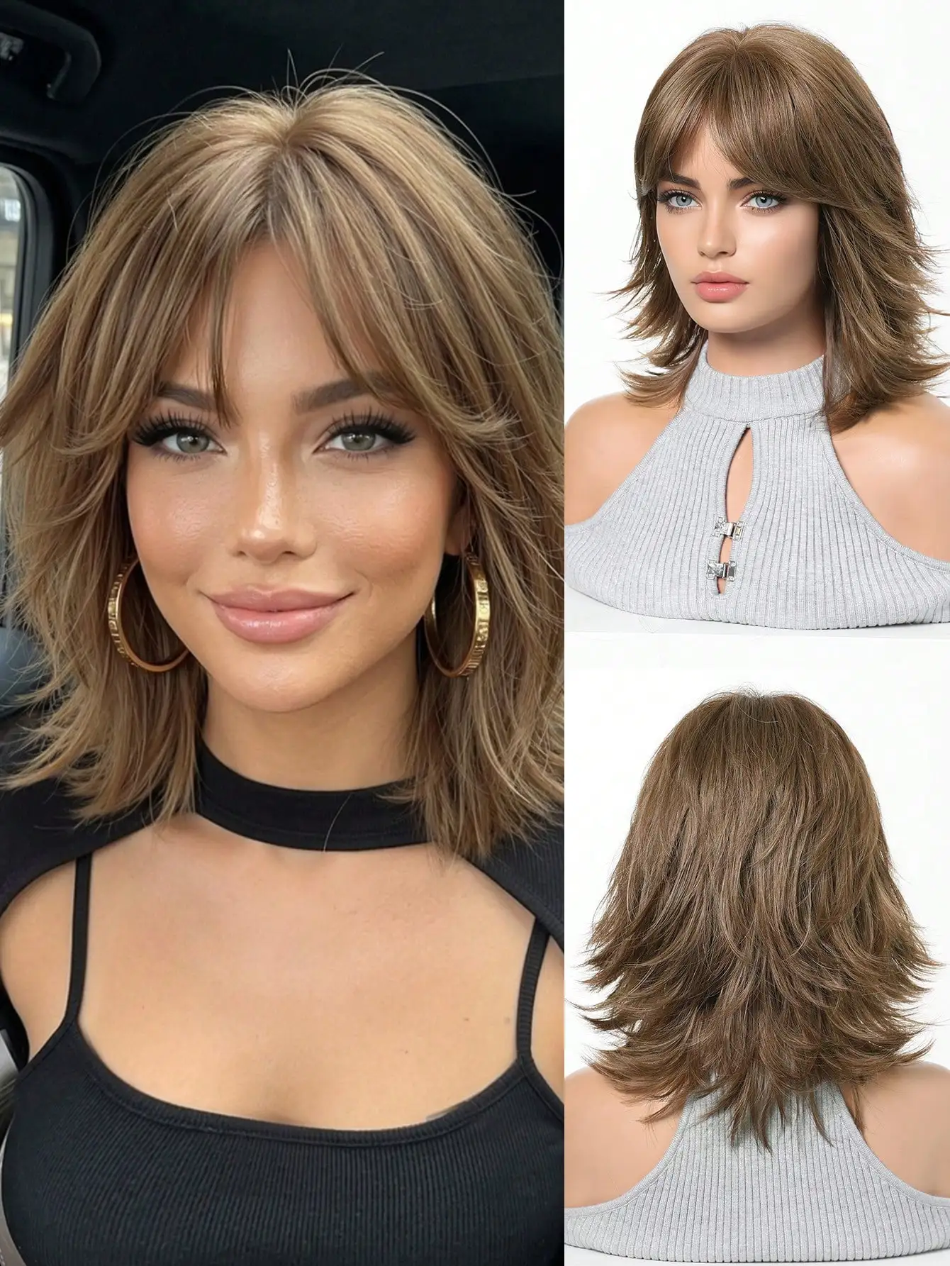 Halloween Wig 12 Inch Short Straight Linen Brown Wig with Bangs for Woman Shoulder Length Layered Synthetic Wig for Girls Natural Look, Suitable for Women's Daily Wear, Versatile for Multiple Occasions, Suitable for Party, Cosplay