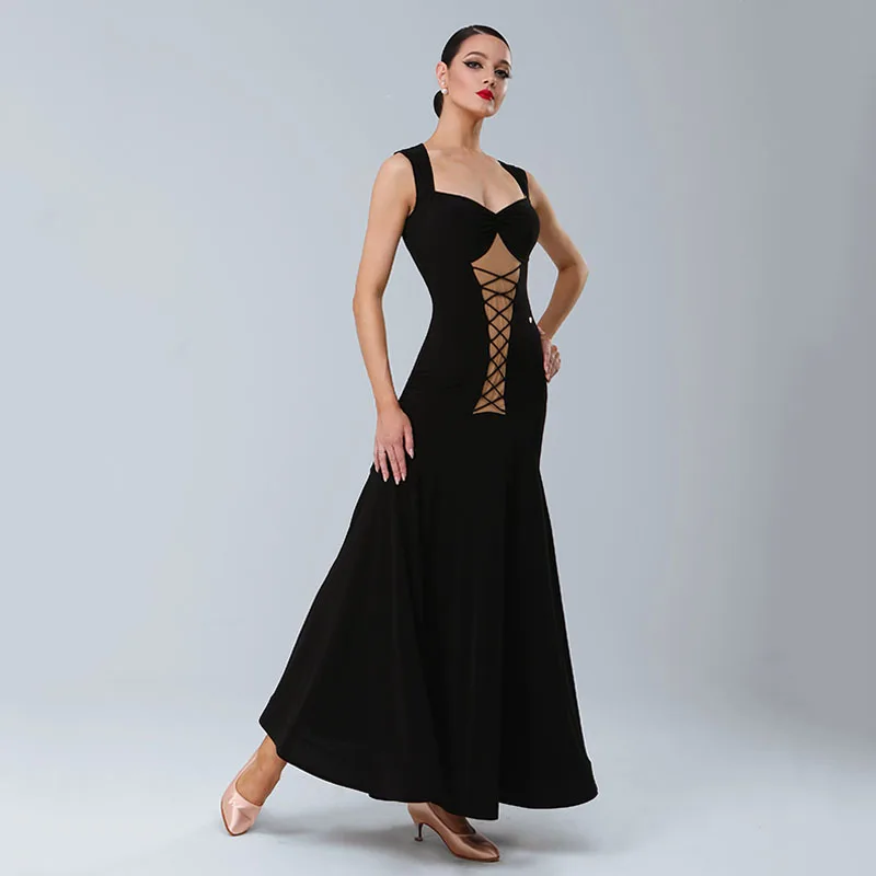 Standard-Tanzkleid für Damen, Walzer-Wettbewerbskleidung, schwarz, ärmellos, Performance-Kleider, Gesellschaftstanz, Bühnenkostüme 2415