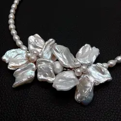 Y·YING Freshwater Cultured White Rice Pearl Choker Necklace Handmade Keshi Pearl Flower Pendant Necklaces Jewelry