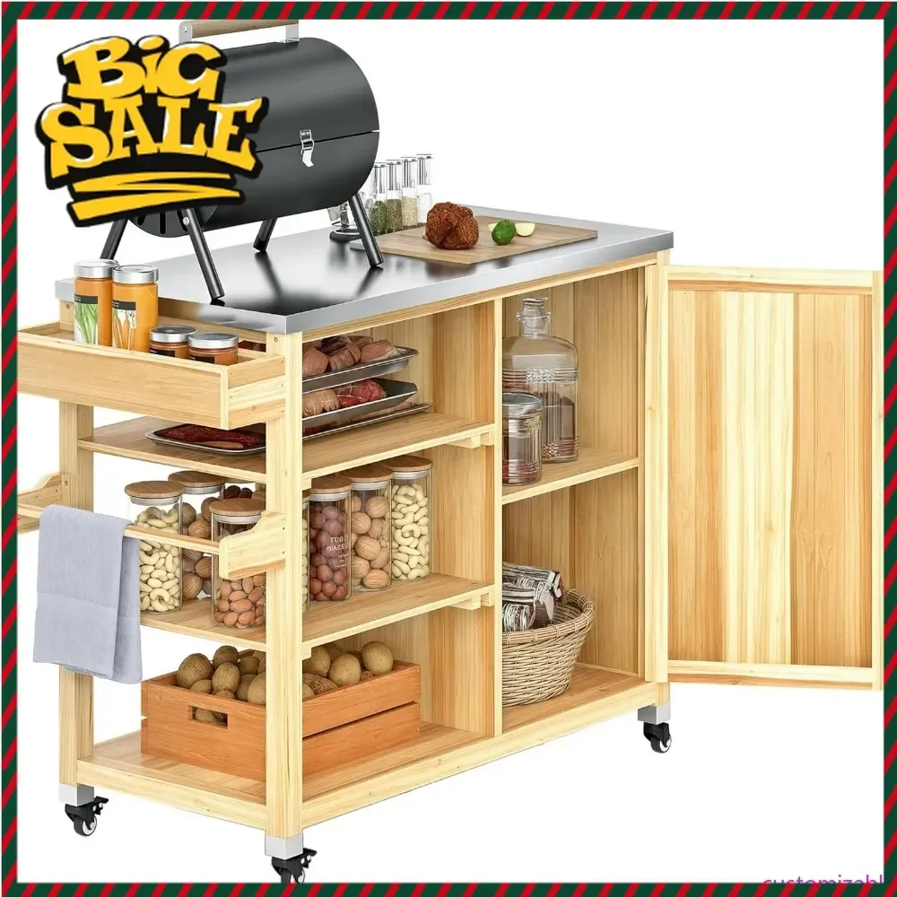 

Hot salesPortable Outdoor Kitchen Island with Stainless Steel Worktop and Storage on Wheels