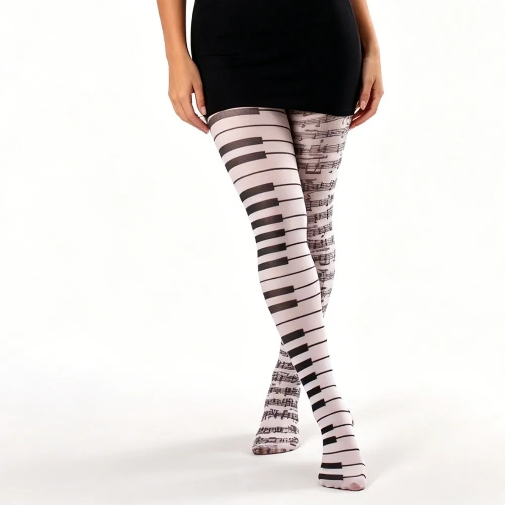 Sweet Seamless Piano Stockings Elastic Breathable Music Note Tights Leggings Thin Black White Pantyhose Girl