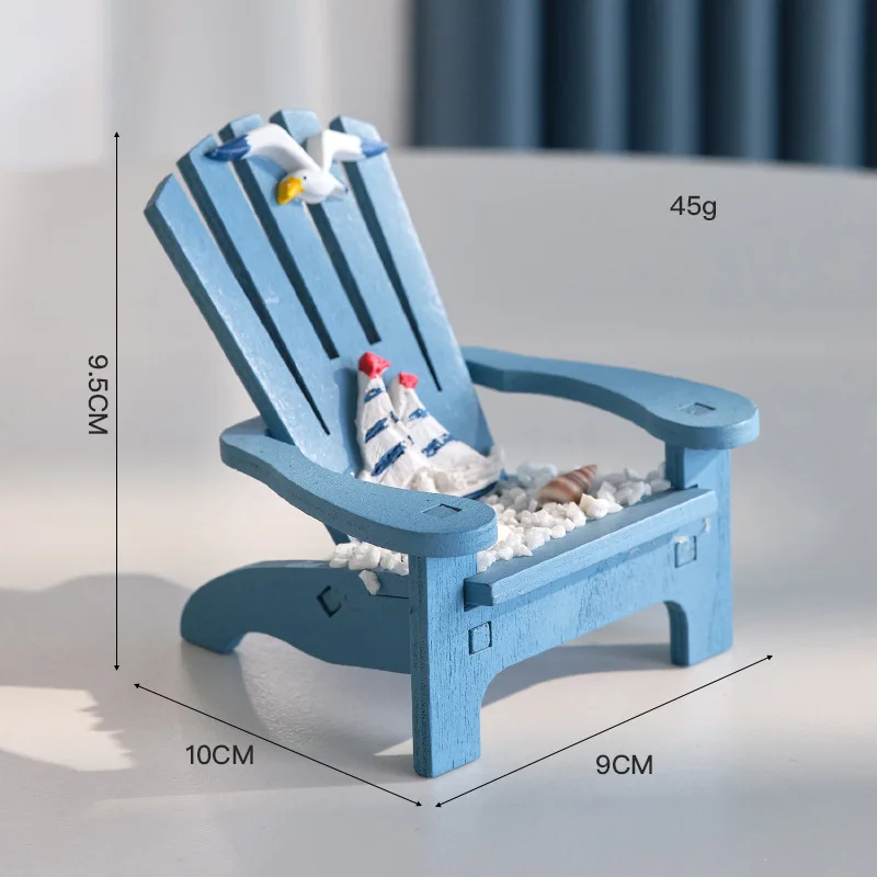 Mediterranean Style Blue White Wood Mini Beach Chair Figurine Ornament Ocean Themed Micro Landscape Decoration for Home Cabinet