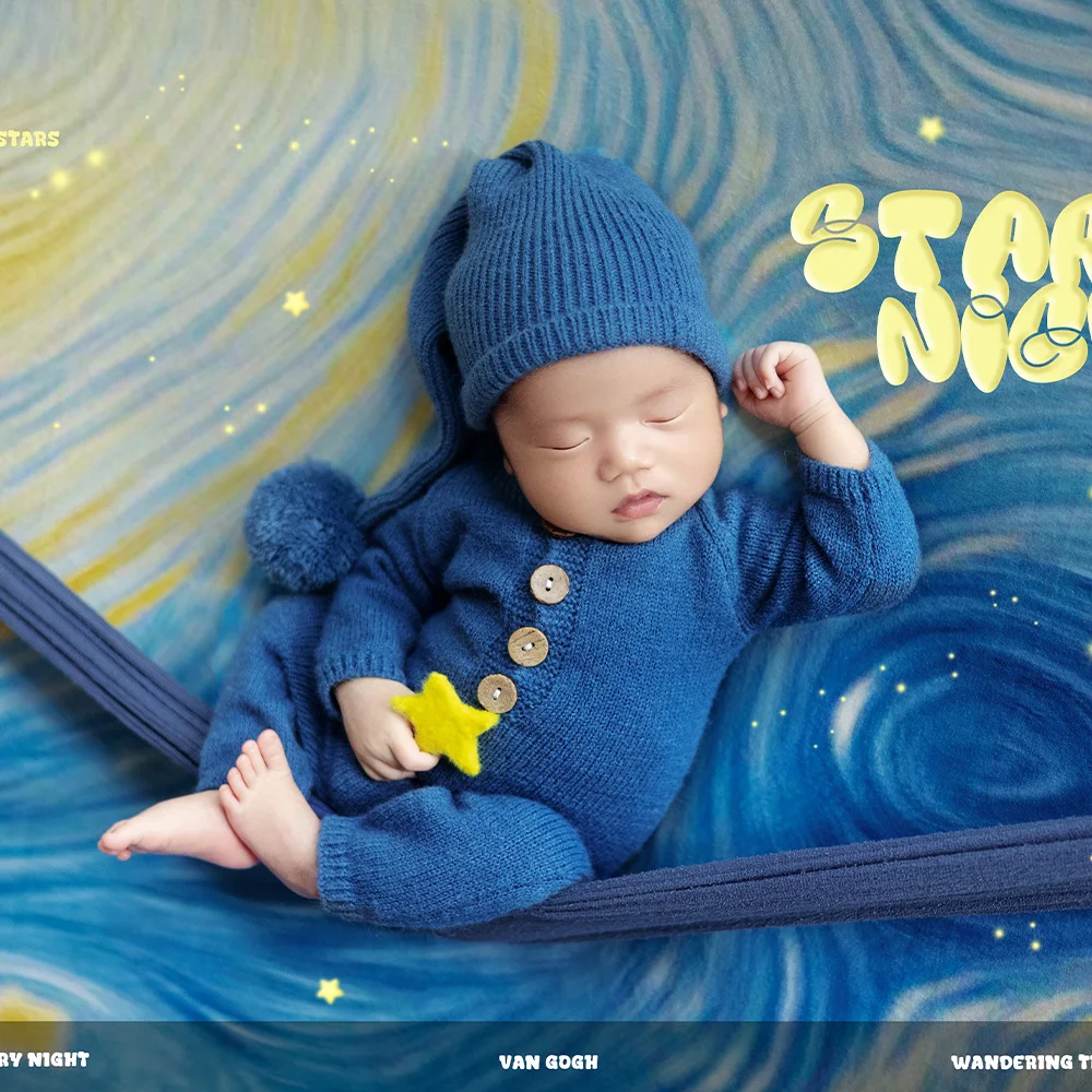 ภาพวาดที่มีชื่อเสียง Starry Night Baby ถ่ายภาพพื้นหลังเครื่องแต่งกายเด็กถักแขนยาว + หมวกหางยาวชุดถ่ายภาพ