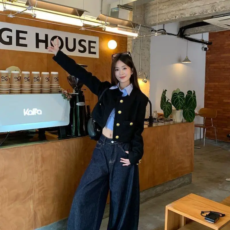 Schwarze Jacke im koreanischen Stil für Damen, kurzer Stil, Frühlings- und Herbststil, süßer Stil, Pendler, Büroangestellter, kurze Outdoor-Jacke