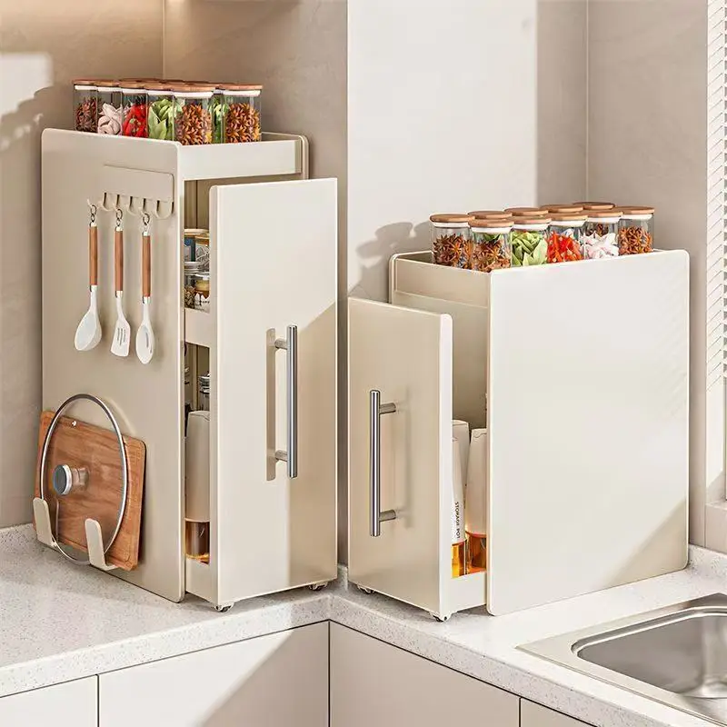 Kitchen pull-out seasoning rack countertop multi-functional seasoning storage rack dustproof extremely narrow side box cabinet