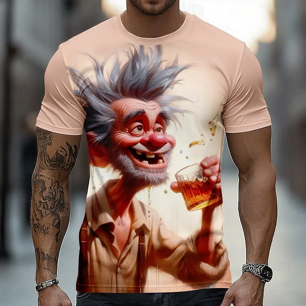 Men's Funny Whiskey Grandpa 3D Graphic T-Shirt Crew Neck Short Sleeve Crazy Drunk Old Man Cartoon Casual Tee for Spring & Summer