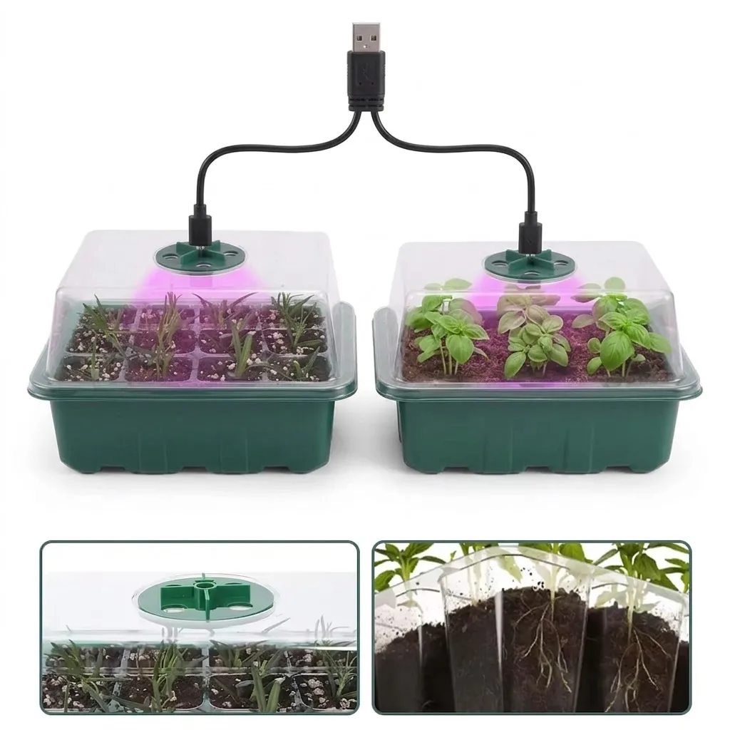 Seed Starter Tray Box With LED Grow Light Nursery Pot Seedling Germination Planter Adjustable Ventilation Humidity 6 12 13 Cell
