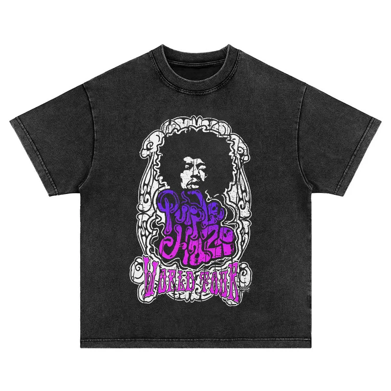 

Purple Haze Jimi Hendrix Printed T-Shirt Men's Washed Old Short Sleeve American Vintage High Street Cotton Men's and Women's Top