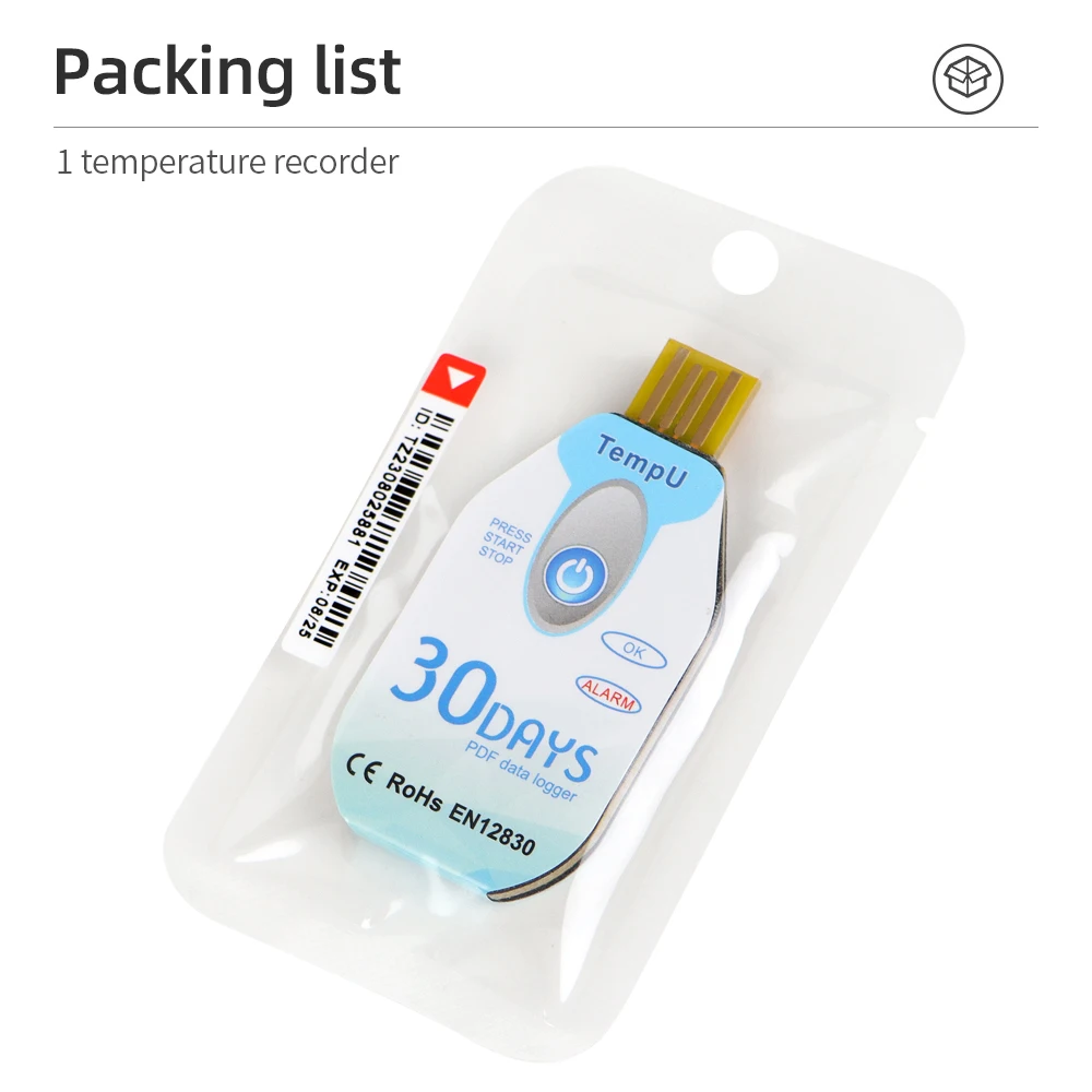 USB Temperature Data Logger Disposable PDF Report USB Port 10000 Points Temperature Recorder 30/60/90 Days Cold Chain Use