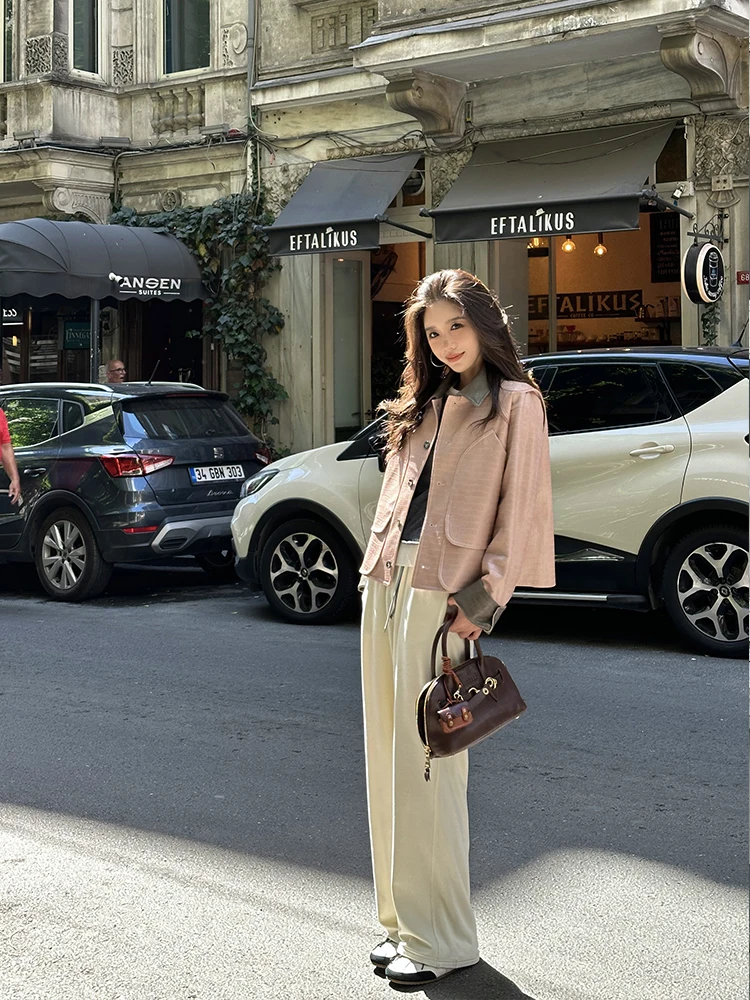 Giacca in pelle con motivo alligatore rosa ZQ Ziqing Dust e Rose ey, nuovo design da donna, con colletto a contrasto, cappotto corto