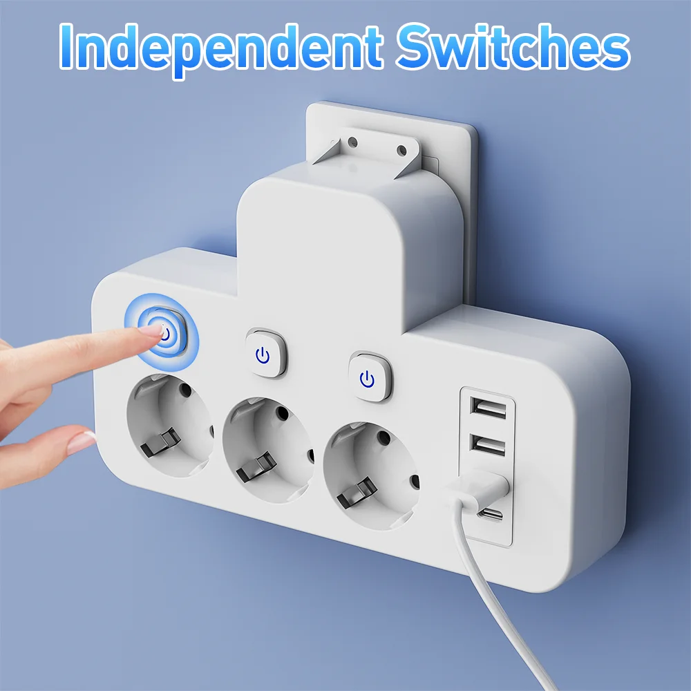 3-Port Ac Wall Socket with 3 USB Ports and 1 Type-C Port |   Eu Plug Adapter with Independent Switch, Suitable for Travel, Home or Office Use, Cable Not Included.