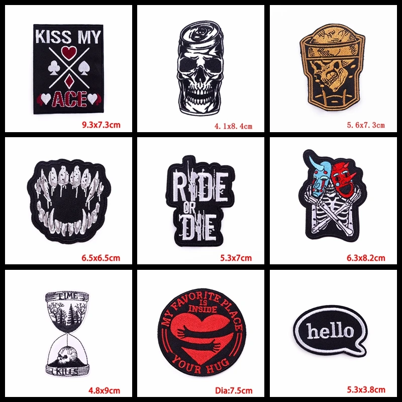 10PCS Hippie Punk Skull Patch Iron On Embroidered Patches On Clothes Stripes Rock Biker Patches For Clothing Stickers Badges DIY