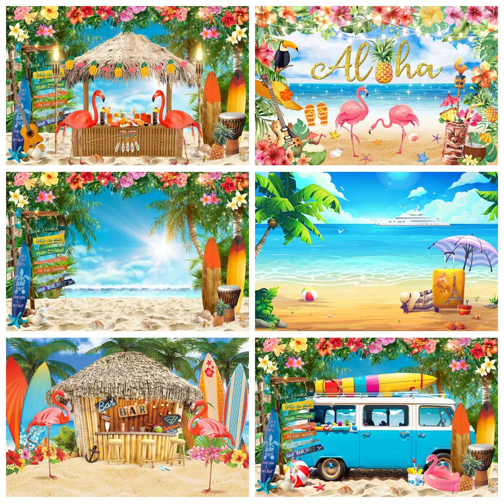 

Summer Party Beach Backdrop For Photography Windows Palm Tree Wave Flamingo Wedding Birthday Party Background Decor Photo Studio