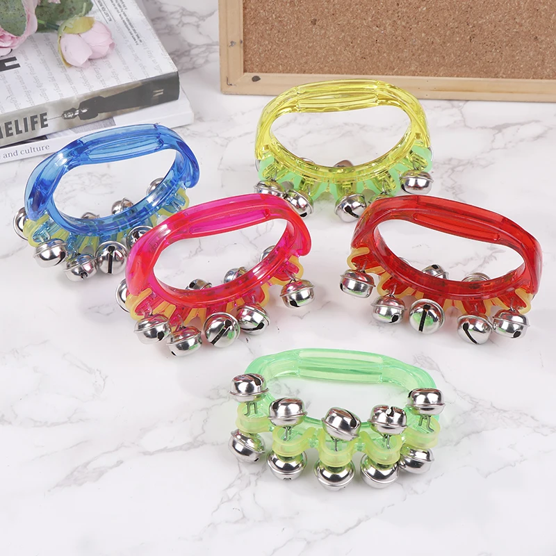 5 colori doppia fila di metallo jingles tenuto in mano percussioni mezza luna tamburelli strumento musicale per la scuola materna campana a mano giocattolo