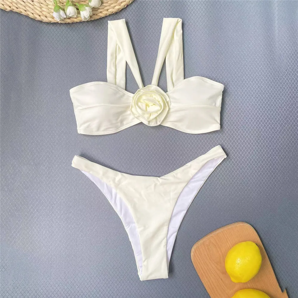 

Сплошной белый купальник с 3D цветами, сексуальные комплекты бикини, комплект из 3 предметов, микро-мини-стринги, женский купальник 2025 с юбками, бикини, пляжная одежда
