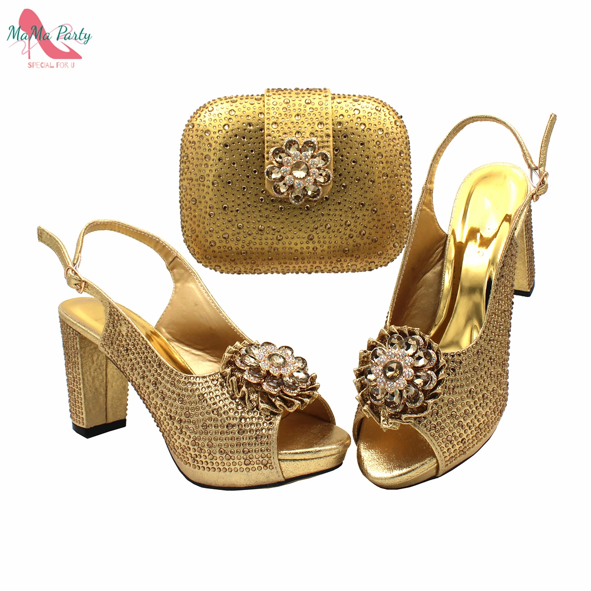 Peep Toe Sandals Matching Bag in Gold Comfortable Heels Shoes with Platform for Wedding Dress