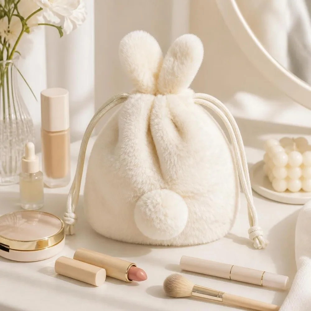 Fluffy Style Drawstring Storage Bag Large Capacity Multi-Functional Bunny Plush Pouch Tail-Like Tassel Cartoon Design Makeup Bag