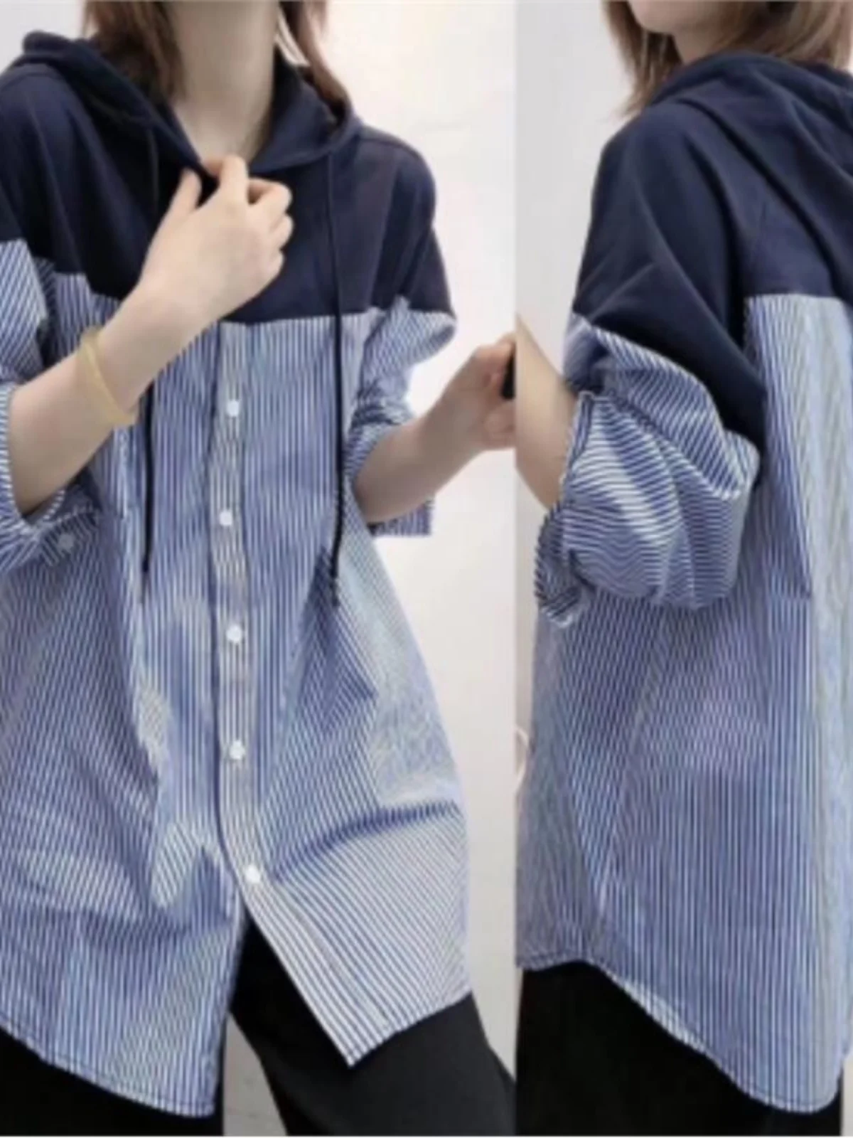

Loose Long Sleeve Hooded Patchwork Shirt Spring Autumn Design Casual Top Women's Street Style Polyester Fiber Ensemble Fake T...