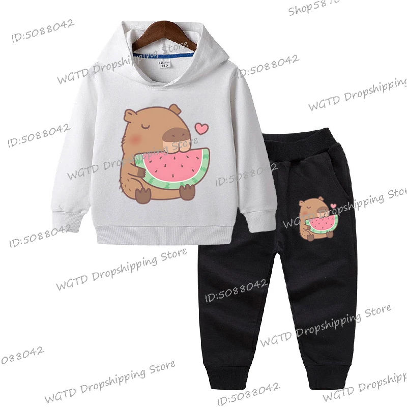 Cute Capybara Eating Watermelon Children's Sports Suit Kawaii Printed Pattern Clothes Capybara Gift Hoodies+Pants 2Pc Set 2025