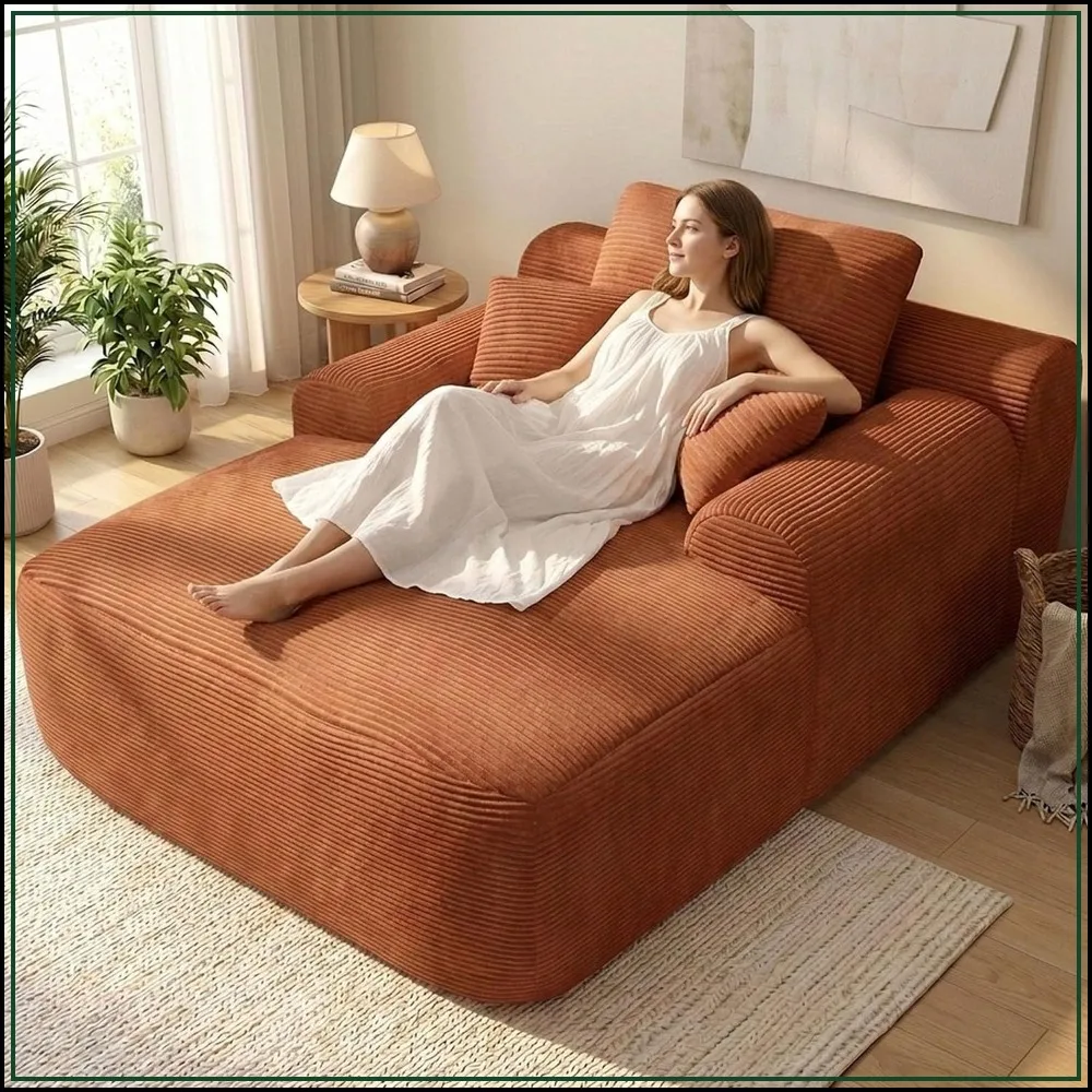 65 inch corduroy chaise lounge chair oversized, wide armrest, 3 pillows indoor living room