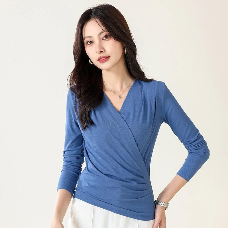 Birdtree Women's Silk Blend T-Shirt, Wrapped V Neck, Long Sleeve, Ribs Knitted Basic Plain Tee,2026 Fall, Winter T68016JF