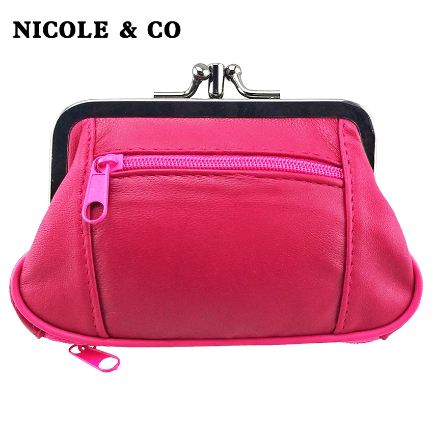 NICOLE & CO-Couro genuíno Mini Coin Purse para mulheres, pele de carneiro, Hasp de metal, bolsa de mudança feminina, cartão Zipper, carteira