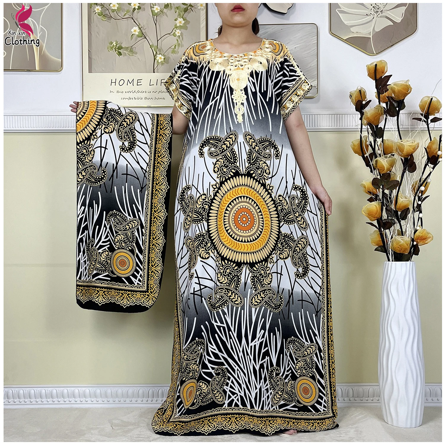 New Style African Abaya Summer Women Dashiki Dresses Floral Loose Boubou Maxi Robe Dubai Islam Women Short Sleeve Casual Dress