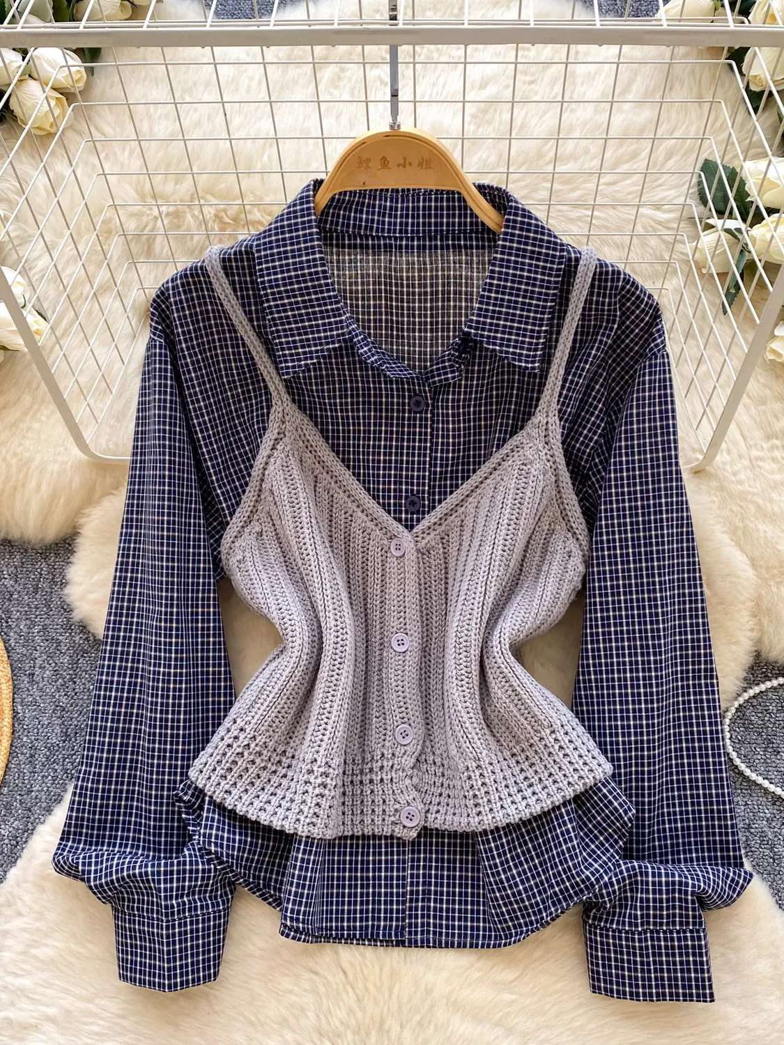 College Plaid Shirt Knitted Vest Two-piece Set Women's Spring and Autumn Casual Long Sleeve Plaid Shirts Suits