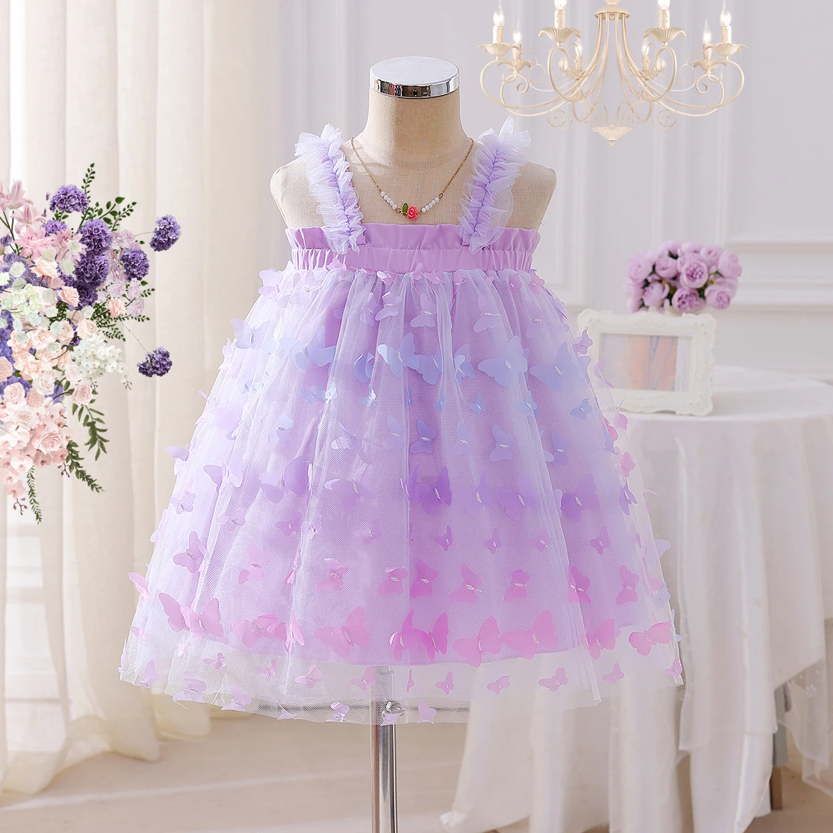 

New Summer 3D Embroidered Butterfly Girl’s Strapless Sweet Princess Net Tulle High-End Stylish Dress