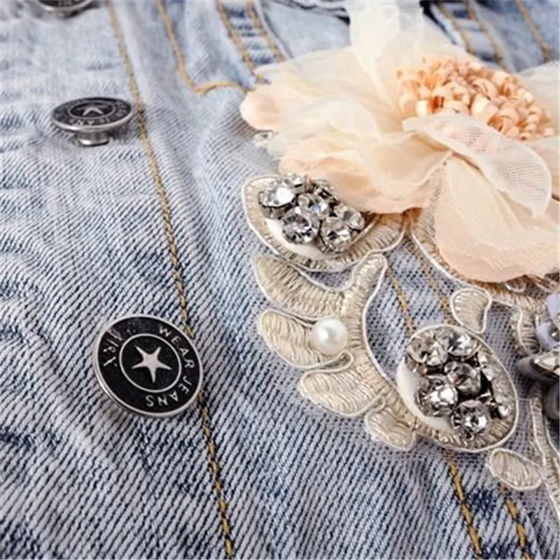 2023 Spring Autumn Women\'s Denim Jacket Long Sleeve Overcoat Loose Three-dimensional Button Pearls Outwear Ripped Jeans Jackets