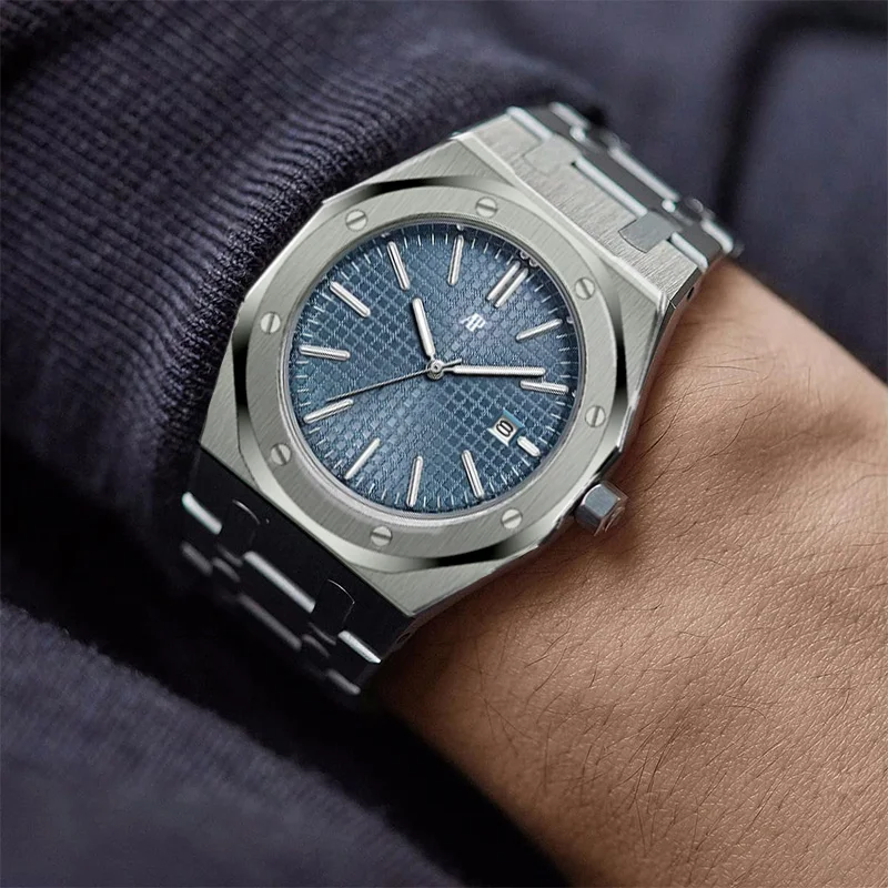 AP العلامة التجارية الكلاسيكية العصرية العلامة التجارية الرجال حساسية ساعة مقاوم للماء الفولاذ المقاوم للصدأ ساعة اليد مضيئة تاريخ ساعة زجاجية معدنية هدية