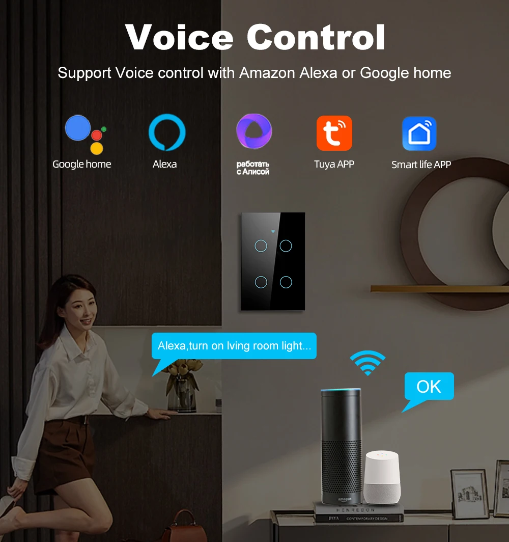 Tuya Smart Life Wifi+Bluetooth Touch Light Wall Switch US Touch Panel Switches No Neutral Wire& Neutral Wire Alexa Google Home