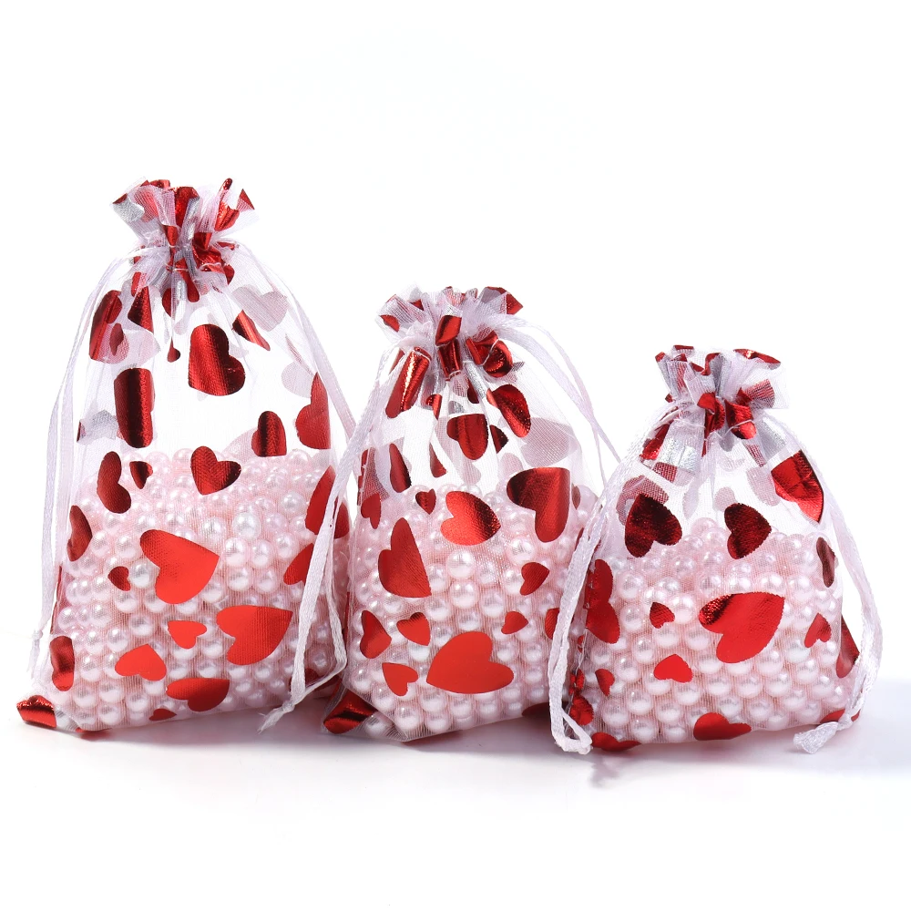 

10pcs/lot Red Love Heart Organza Bags Wedding Party Gift Candy Drawstring Bag Christmas Valentines Day Jewellery Pouches Display
