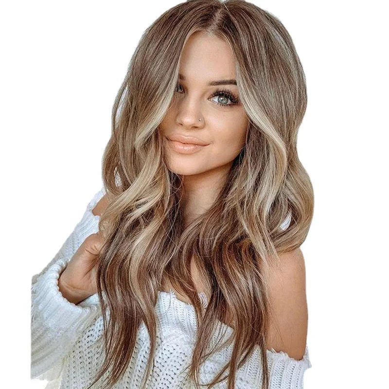 Parrucche Onda grandi ricci medio-lunghe Onda grandi soffici dorate Parrucca riccia lunga con parte centrale Parrucca a testa intera