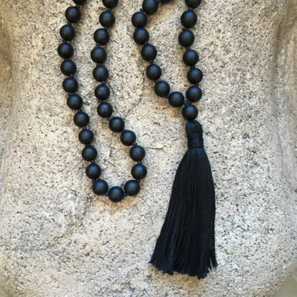 Spiritual Black Natural Stone Beaded Pendant Necklace Jasper Beads Tassel Necklace Healing Stone Meditation Necklace for Men