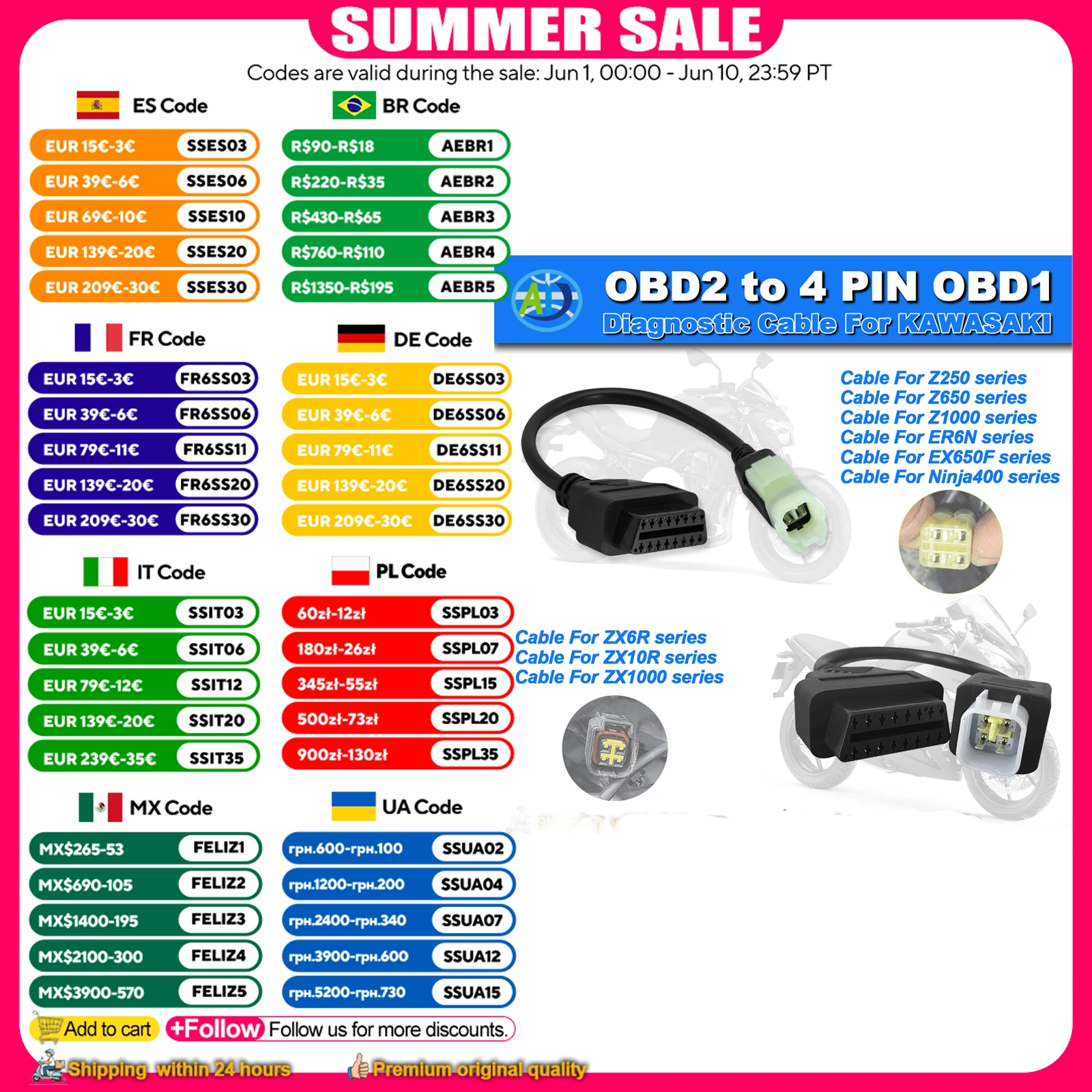OBD Cable For Kawasaki 4Pin OBD2 Diagnostic Cable for Z250, Z650