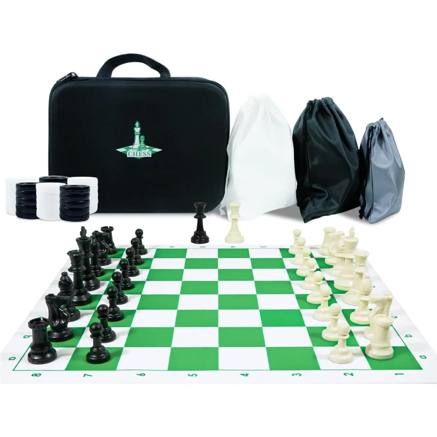 20inch Portable Silicone Chess and Checker Board Game Set with 3.75inch High Plastic Chess Pieces Extra Queens Storage Bag Idea