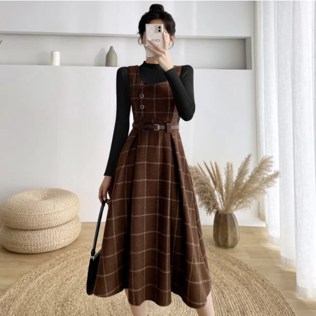 Ensemble de robe en laine à carreaux pour femmes, pull décontracté, salopette, automne, hiver, haute qualité, 2 pièces